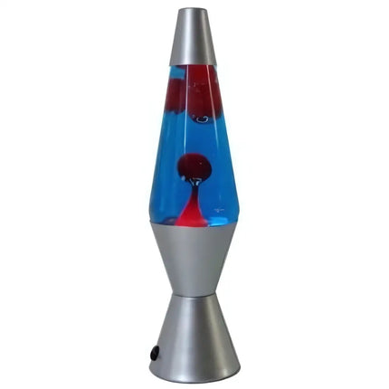 Blue and Red Lava Lamp – A retro motion lamp with red wax and a silver base.