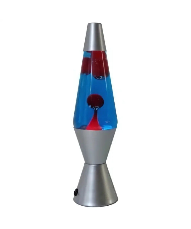 Blue and Red Lava Lamp – A retro motion lamp with red wax and a silver base.