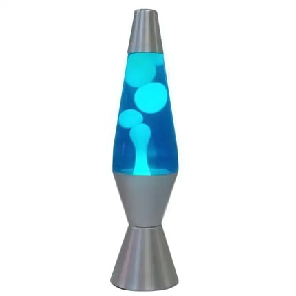 Blue and White Lava Lamp – A retro motion lamp with deep blue wax and a silver base.