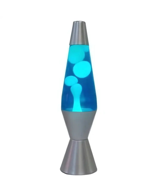 Blue and White Lava Lamp – A retro motion lamp with deep blue wax and a silver base.