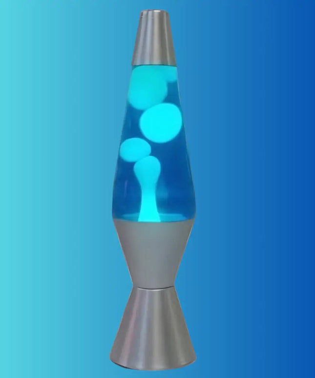 Soothing Blue Lava Lamp in Motion – Blue wax flowing through white liquid for a mesmerizing effect.