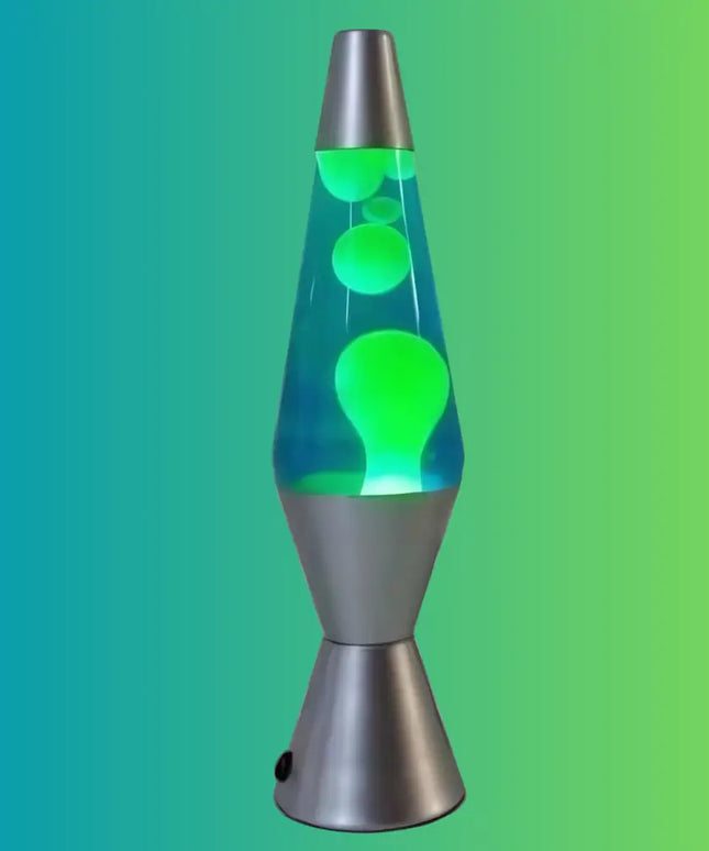 Blue and Yellow Lava Lamp – A retro motion lamp with yellow wax and a silver base.