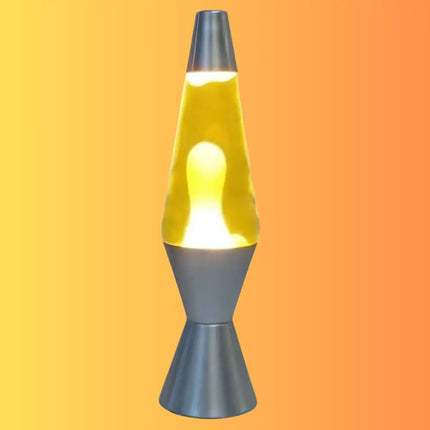 Retro Lava Lamp in Motion – Gold wax forming mesmerizing shapes inside white liquid.