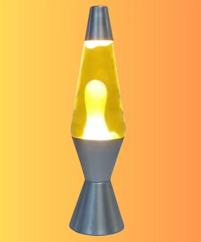 Retro Lava Lamp in Motion – Gold wax forming mesmerizing shapes inside white liquid.