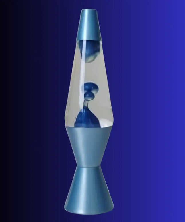 Dazzling Blue Lava Lamp in Motion – Metallic blue wax forming mesmerizing shapes inside the liquid.