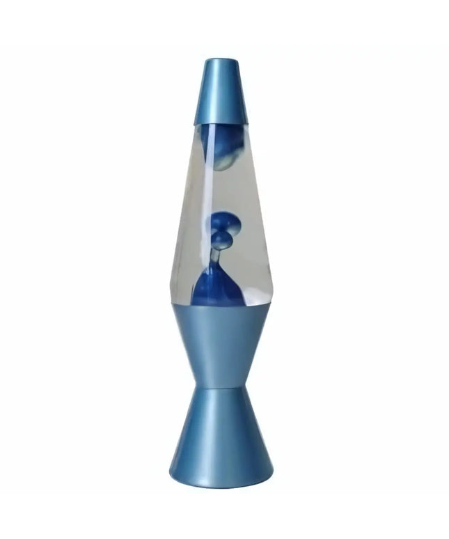 Metallic Blue Lava Lamp – A retro motion lamp with shimmering blue wax and a silver base.