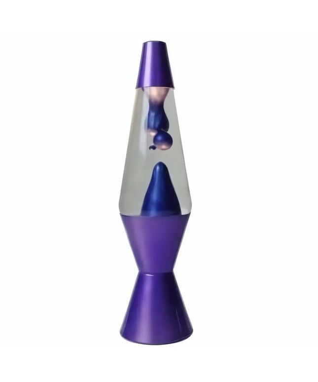 Metallic Purple Lava Lamp – A stylish motion lamp with shimmering purple wax and a silver base.