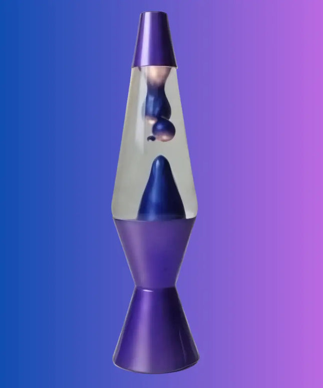 Retro Lava Lamp in Motion – Metallic purple wax forming mesmerizing shapes inside the liquid.