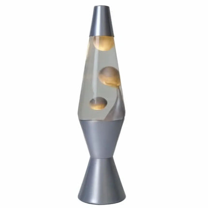 Metallic Silver Lava Lamp – A retro motion lamp with shimmering silver wax and a silver base.