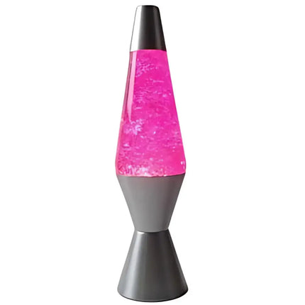 Pink Glitter Lava Lamp – A retro motion lamp with floating pink glitter and a silver base.
