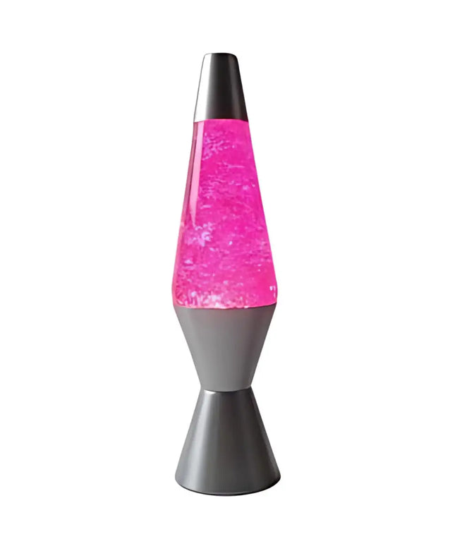 Pink Glitter Lava Lamp – A retro motion lamp with floating pink glitter and a silver base.