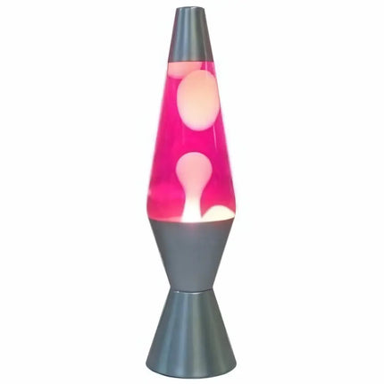 Pink and White Lava Lamp – A retro motion lamp with pink wax and a silver base.