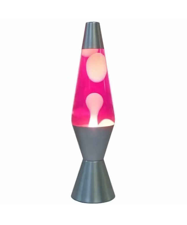 Pink and White Lava Lamp – A retro motion lamp with pink wax and a silver base.
