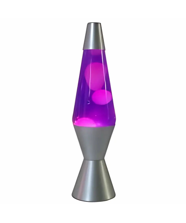 Purple and White Lava Lamp – A retro motion lamp with purple wax and a silver base.