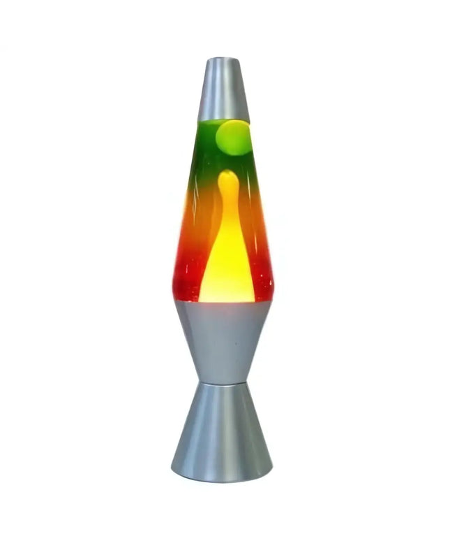 Rainbow Lava Lamp – A retro motion lamp with swirling multi-color wax and a silver base.