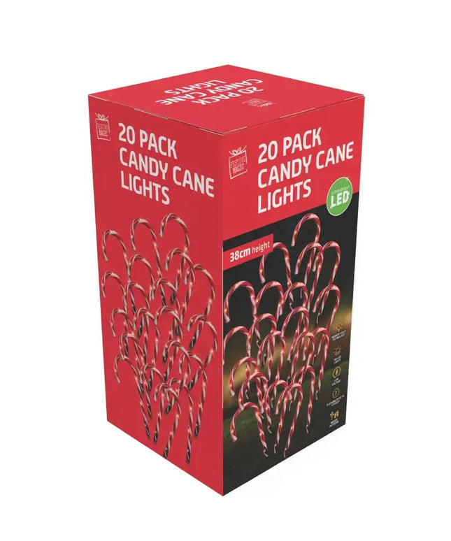 LED Candy Canes Path Lights 20pk box of colorful candy cane-shaped outdoor lights