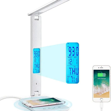 LED Desk Lamp with Fast Wireless Charger Clock Alarm Date Temperature-Home & Garden > Lighting-Dropli