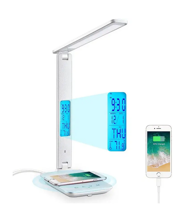 LED Desk Lamp with Fast Wireless Charger Clock Alarm Date Temperature-Home & Garden > Lighting-Dropli