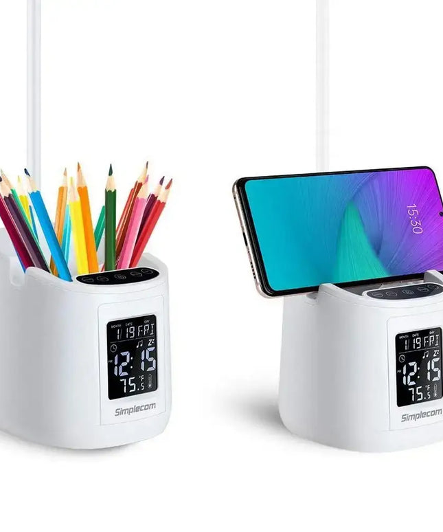 LED Desk Lamp with Pen Holder and Digital Clock Rechargeable-Electronics > Back Up & Storage-Dropli