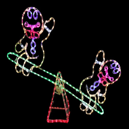 Illuminated gingerbread men on a seesaw LED Gingerbread Man Seesaw Ropelight for festive decor