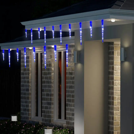 Blue Icicle Christmas Lights displayed on LED Icicle Tube Lights 24-Pack for festive decor