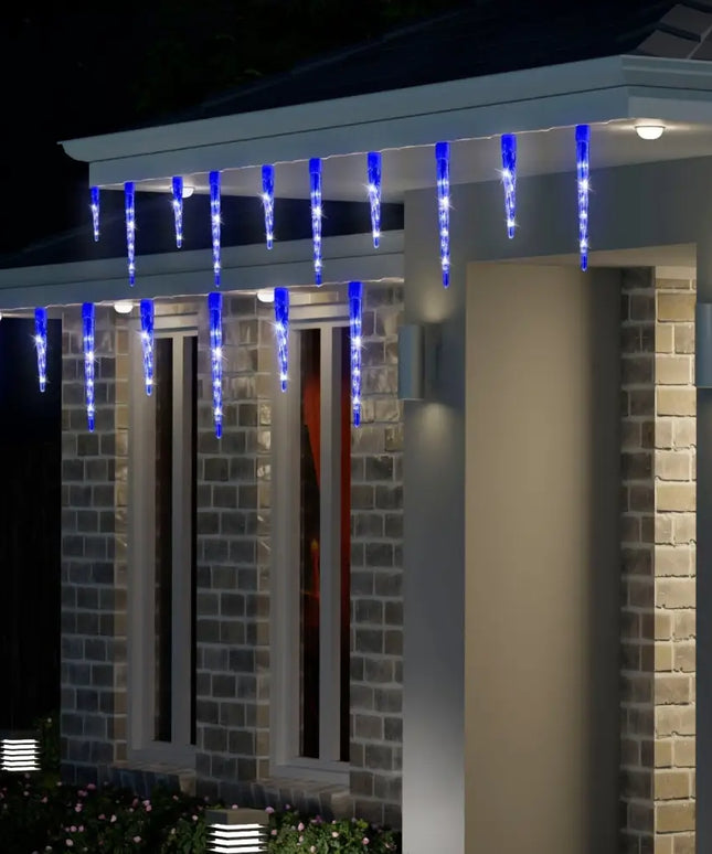 Blue Icicle Christmas Lights displayed on LED Icicle Tube Lights 24-Pack for festive decor