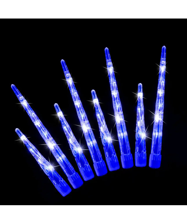 Illuminated blue LED wand lights from the LED Icicle Tube Lights 24-Pack set