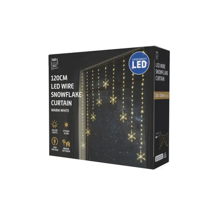 Boxed LED snowflake curtain lights available in warm white and multiple colors for festive decor