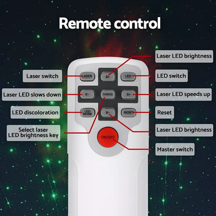 White remote control with labeled buttons for LED Starry Sky Galaxy Laser Projection Night Lamp