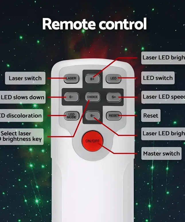 White remote control with labeled buttons for LED Starry Sky Galaxy Laser Projection Night Lamp