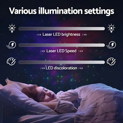 Illumination settings of the LED Starry Sky Galaxy Laser Projection Night Lamp displaying laser LED projector features
