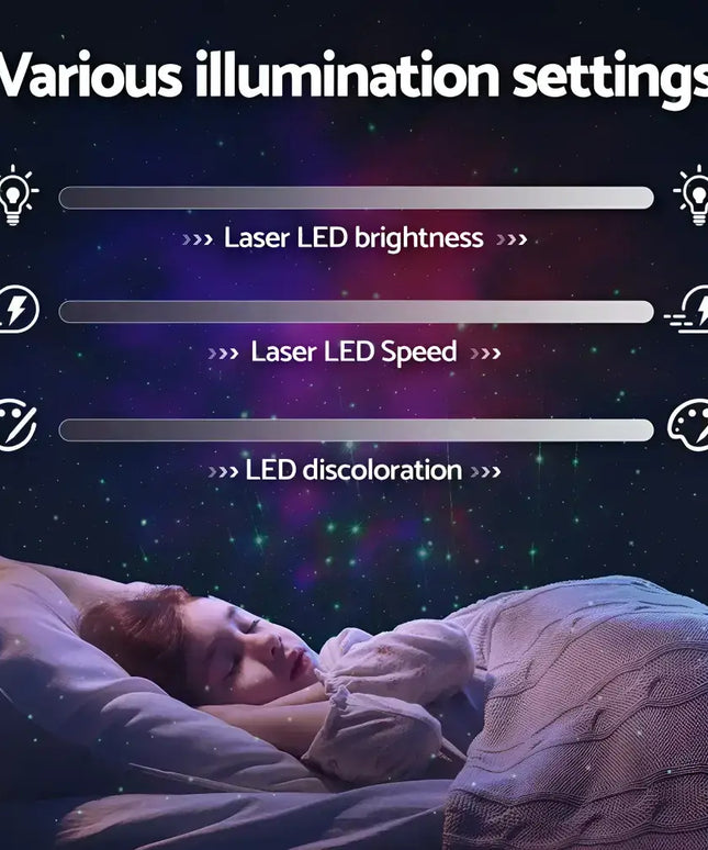 Illumination settings of the LED Starry Sky Galaxy Laser Projection Night Lamp displaying laser LED projector features