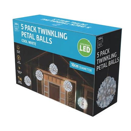 Box of LED Twinkle Petal Balls 10cm 5-Pack in Cool-Warm White for decorative lighting