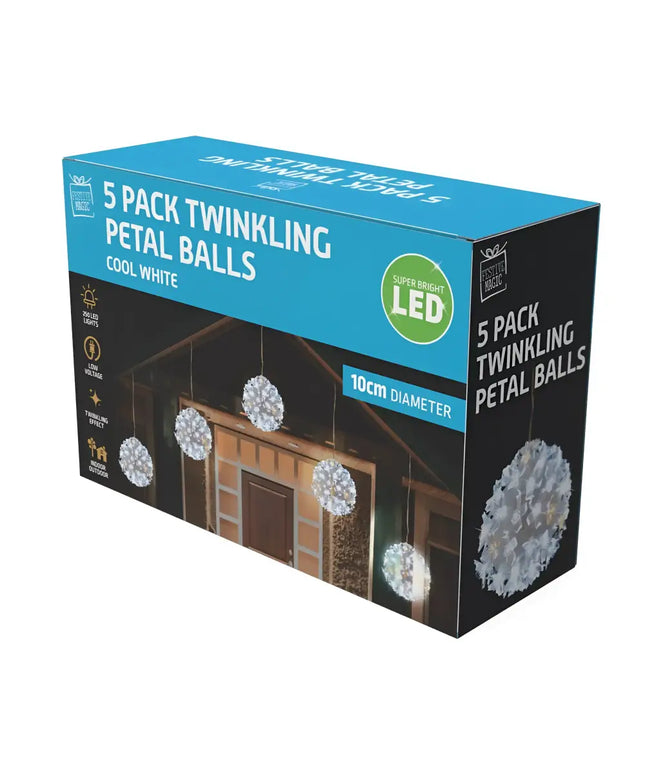 Box of LED Twinkle Petal Balls 10cm 5-Pack in Cool-Warm White for decorative lighting