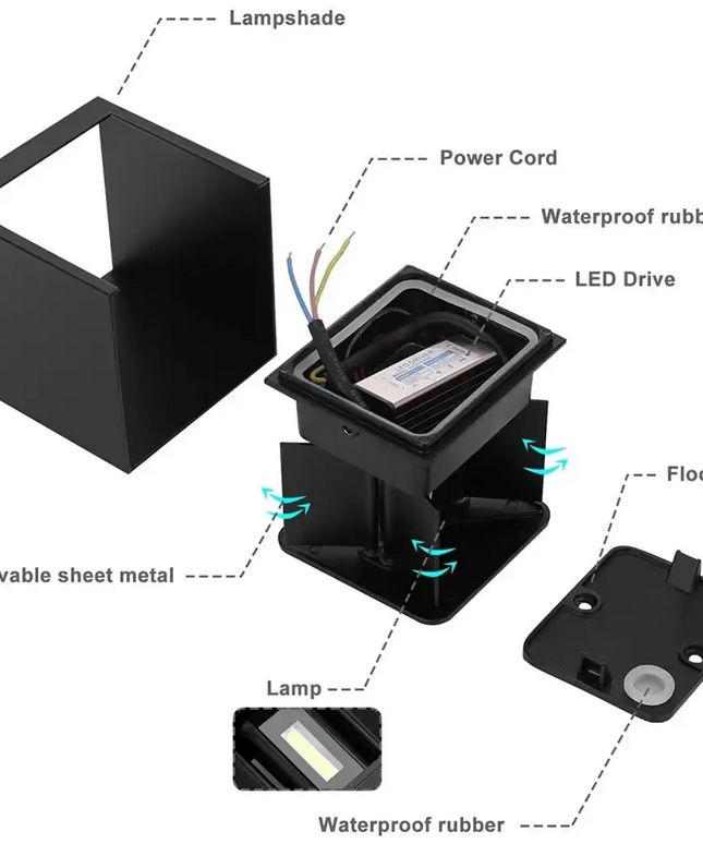 Exploded view of black outdoor wall lamp LED Wall Light Cube 12W waterproof fixture