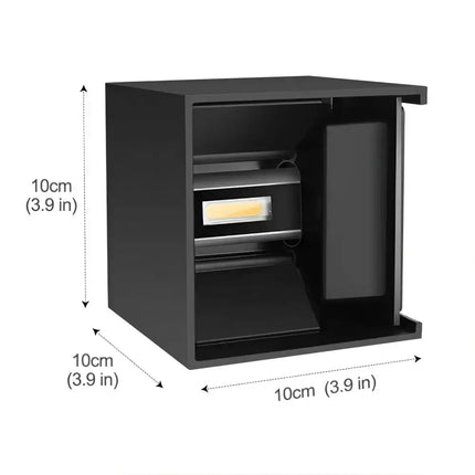 Black cube-shaped LED wall light fixture with dimensions for outdoor indoor use