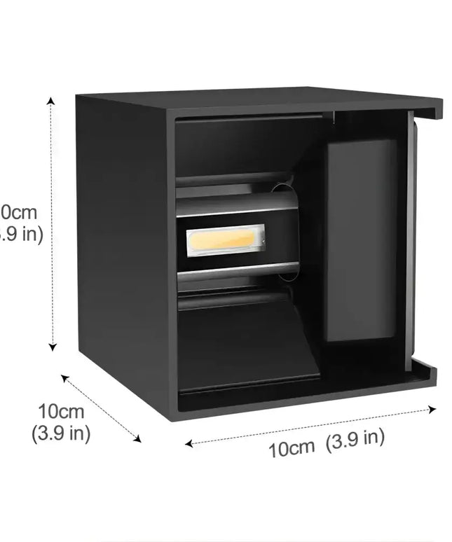 Black cube-shaped LED wall light fixture with dimensions for outdoor indoor use