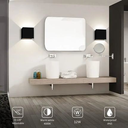 Modern bathroom with square wall sconces featuring LED Wall Light Cube 12W waterproof fixtures