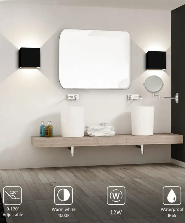 Modern bathroom with square wall sconces featuring LED Wall Light Cube 12W waterproof fixtures