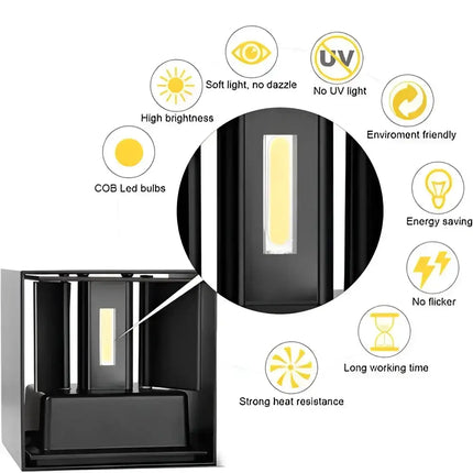 Black LED Wall Light Cube 12W Waterproof Indoor Outdoor Fixture with Modern Design
