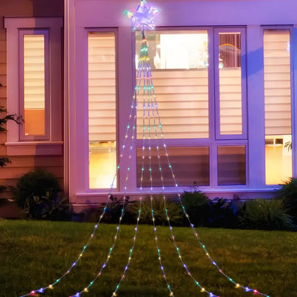 Illuminated star-topped Christmas tree light display with LED Waterfall Star 3m 200 LEDs Multi-Color
