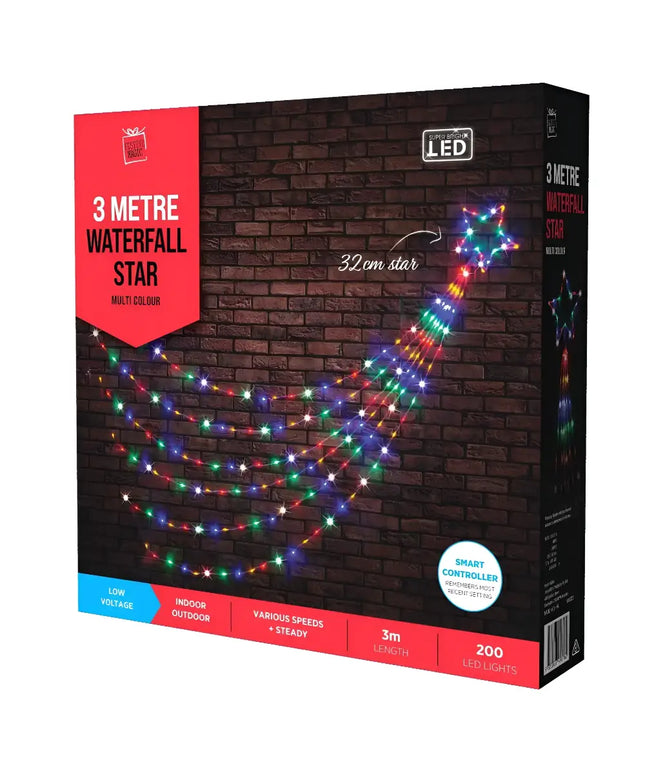 Boxed LED Waterfall Star 3-meter string lights with 200 multi-color LEDs