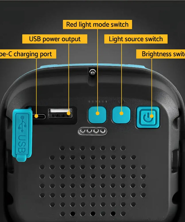 Portable rechargeable LED work light torch with USB charging ports and magnetic switch