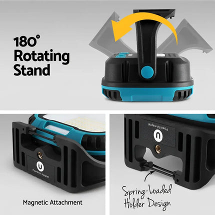 LED work light torch with rechargeable USB, rotating stand, and magnetic attachment