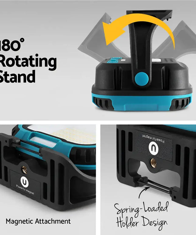 LED work light torch with rechargeable USB, rotating stand, and magnetic attachment