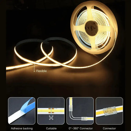 Strippy GlowFlex 5M LED Strip Kit: COB Dotless Dimmable - Warm White 3000K - Home & Garden > Lighting