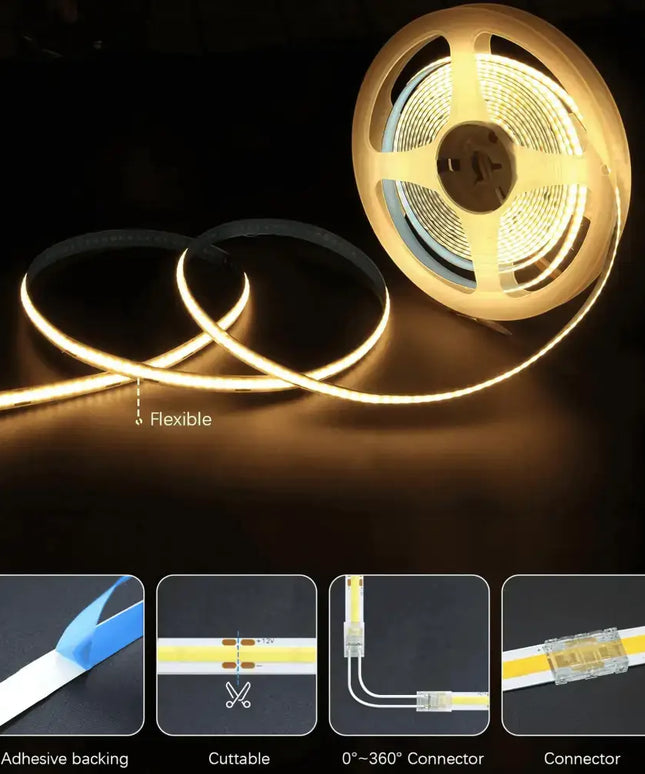 Strippy GlowFlex 5M LED Strip Kit: COB Dotless Dimmable - Warm White 3000K - Home & Garden > Lighting