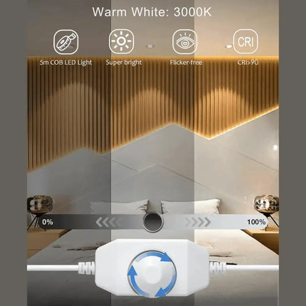 Strippy GlowFlex 5M LED Strip Kit: COB Dotless Dimmable - Warm White 3000K - Home & Garden > Lighting