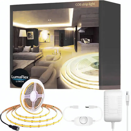 LumaFlex COB strip light kit with packaging, LED strip, power adapter, and remote control.