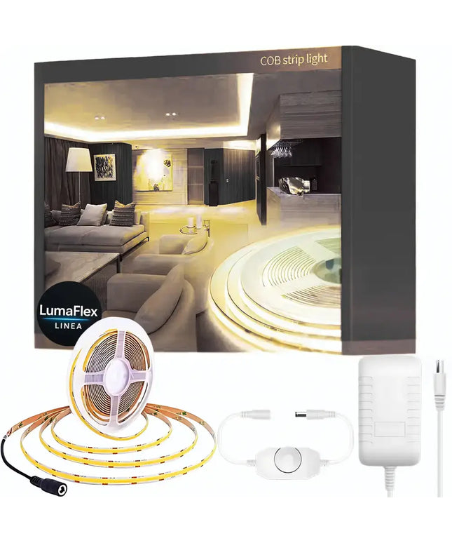 LumaFlex COB strip light kit with packaging, LED strip, power adapter, and remote control.